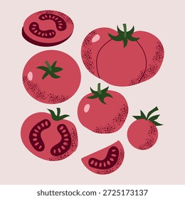 Conjunto de tomates vermelhos frescos inteiros e cortados, em fatias