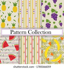 Set, Collection, fruits and geometric patterns with the image of berries and fruits, vector, beige background. Texture, printing, design, decoration