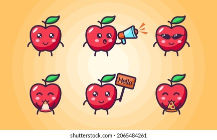 Set collection of funny apple character. Eating apple, eating pizza, holding board, speak on megaphone, wearing sun glass.