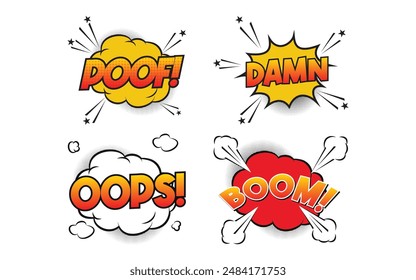 Set Kollektion Lustige Cartoon Comic Vektorgrafik Poof Sprechblase Poof, verdammt, uups, boom