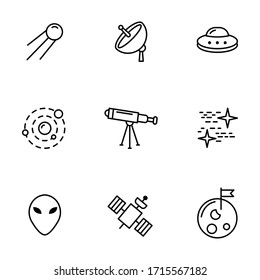 Set, collection of galaxy, universe, space related icons, outline and thin line icons on white background, such as: sattelite, alien ship, telescope EPS Vector