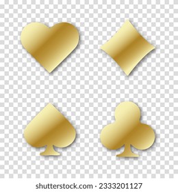 Set of collection gambling gold sign symbol of playing card suits and chip or token for web site or mobile app about poker and casino. Hearts, clubs, diamonds and spades on an transparent background.