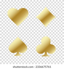 Set of collection gambling gold sign symbol of playing card suits and chip or token for web site or mobile app about poker and casino. Hearts, clubs, diamonds and spades on an transparent background.