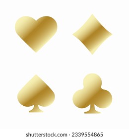 Set of collection gambling gold sign symbol of playing card suits and chip or token for web site or mobile app about poker and casino. Hearts, clubs, diamonds and spades on an white background.