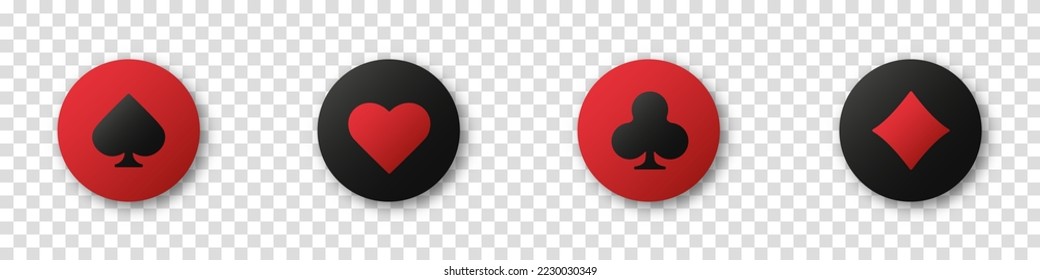 Set collection gambling sign symbol of playing card suits and chips for poker and casino. Hearts, clubs, diamonds and spades on an isolated transparent background.