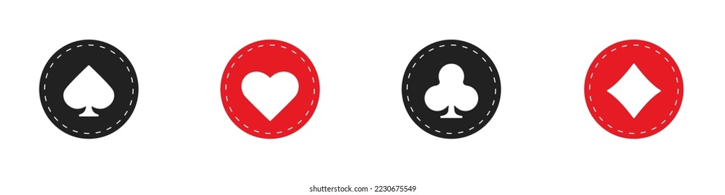 Set collection gambling sign symbol of playing card suits and chips for poker and casino. Hearts, clubs, diamonds and spades on an isolated white background.