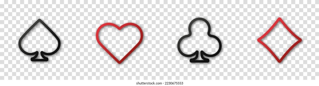 Set collection gambling sign symbol of playing card suits and chips for poker and casino. Hearts, clubs, diamonds and spades on an isolated transparent background.