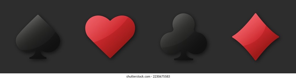 Set collection gambling sign symbol of playing card suits and chips for poker and casino. Hearts, clubs, diamonds and spades on an isolated background.