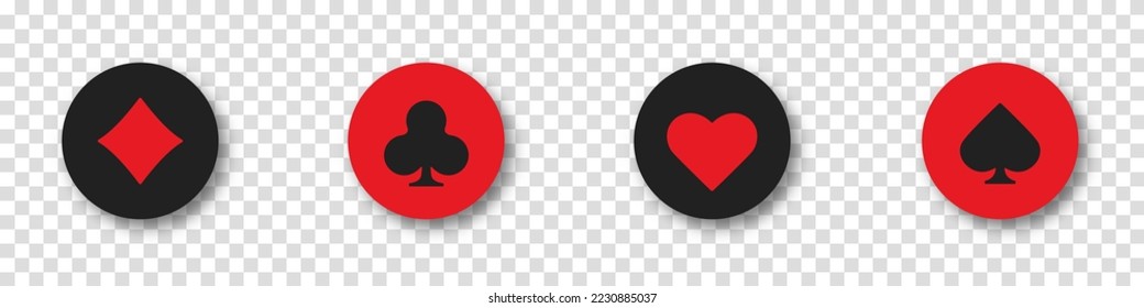 Set collection gambling sign symbol of playing card suits and chips for poker and casino. Hearts, clubs, diamonds and spades on an isolated transparent background.
