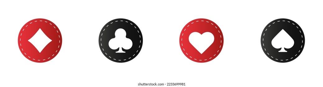 Set collection gambling sign symbol of playing card suits and chips for poker and casino. Hearts, clubs, diamonds and spades on an isolated white background.