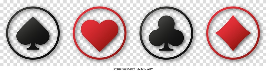 Set collection gambling sign symbol of playing card suits and chips for poker and casino. Hearts, clubs, diamonds and spades on an isolated transparent background.