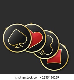 Set collection gambling sign symbol of playing card suits and chips for poker and casino. Hearts, clubs, diamonds and spades on an black background.