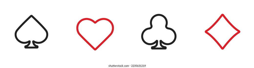 Set collection gambling sign symbol of playing card suits and chips for poker and casino. Hearts, clubs, diamonds and spades on an isolated white background.
