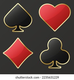 Set collection gambling sign symbol of playing card suits and chips for poker and casino. Hearts, clubs, diamonds and spades on an isolated background.