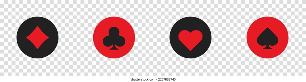 Set collection gambling sign symbol of playing card suits and chips for poker and casino. Hearts, clubs, diamonds and spades on an isolated transparent background.