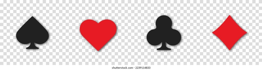 Set collection gambling sign symbol of playing card suits and chips for poker and casino. Hearts, clubs, diamonds and spades on an isolated transparent background.