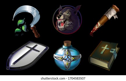 Legen Sie die Symbole der Kollektion mit anderen Objekten der Welt und der Christen fest. Werwolf, Holzstock, Heiliges Wasser, Heilige Bibel, Druiden Sichel, Schild. Vektorillustration-Illustrationsspieldesign einzeln auf Hintergrund.