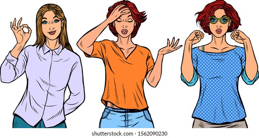Set collection gestures of beautiful women. Pop art retro vector illustration drawing vintage kitsch