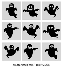 Set or collection of ghosts with different faces. Halloween design icons 