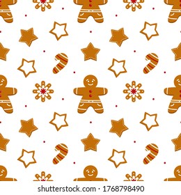 Set, collection of gingerbread cookies in different shapes vector seamless pattern background.