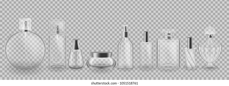 Set, collection of glass cosmetic packages. Realistic mock-up, templates, transparent cases, bottles, tubes, boxes, jars, bubbles women s cosmetics and perfumes Vector illustration