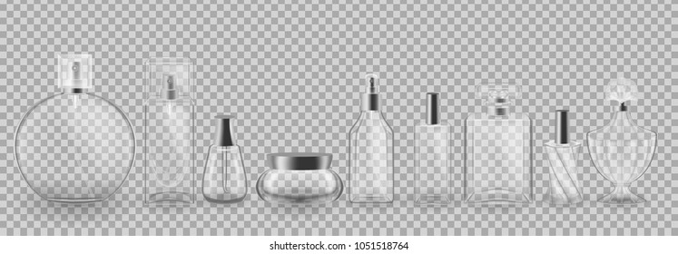 Set, collection of glass cosmetic packages. Realistic mock-up, templates, transparent cases, bottles, tubes, boxes, jars, bubbles, women's cosmetics and perfumes. Vector illustration.