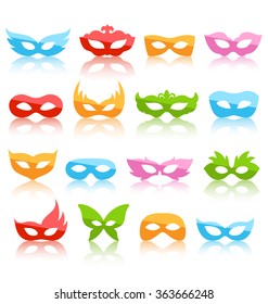 Set Collection of Glassy Colorful Carnival Masquerade Masks with Reflection Icons Isolated on White Background