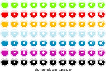 Set (collection) of glossy navigation buttons for playback control.