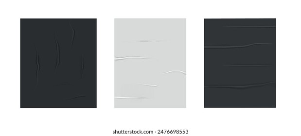 Set and collection of glued posters. Mock up. Collage trend element for design. Vector. Paper. The sheet are wrinkled. Texture for the template. Realistic. Blank white album. Sticker label. Wet grease
