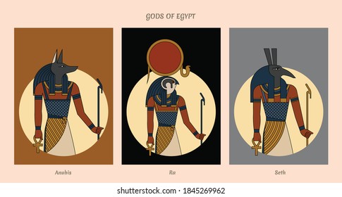 Set collection gods of Egypt Anubis, Ra, Seth isolated in background. Hand drawn. EPS 10. Vector illustration