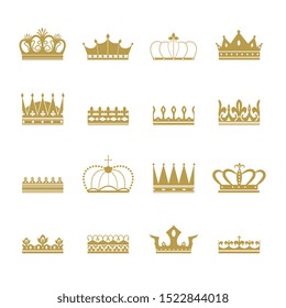 Set and collection of gold silhouettes of royal crowns. Icons, symbols and signs of the king or queen's crown.Isolated flat vector illustration of golden crowns silhouettes.