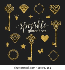 Set collection of golden glitter diamonds, hearts, stars, frames, butterfly and keys on black background. Vector illustration. Beautiful design elements for t-shirt design, cards, patterns, stickers..