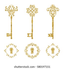 Set collection. Golden glitter vintage keys and keyholes set. Vector illustration.