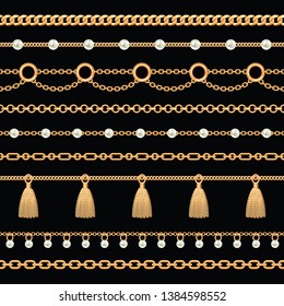 Set collection of golden metallic chain borders with pearls and tassels. On black. Vector illustration.