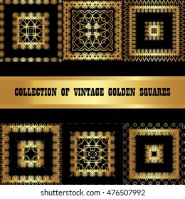 Set a collection of Golden square,  vintage decorative elements, patterns on a black background.
