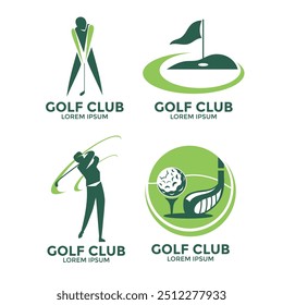 Conjunto de coleção de design de emblema de bandeira de golfe com paus bola e atleta elemento vetor ilustração