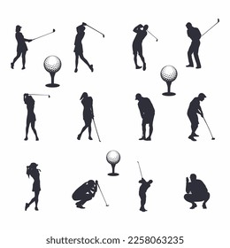 set of collection golf with silhouette male and female player