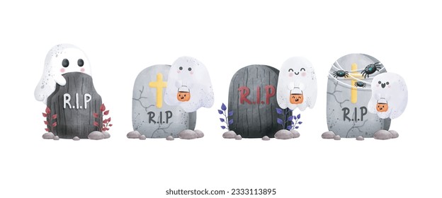 set of collection Gravestone rip with cute ghost Halloween rip watercolor vector illustration element on white background