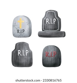 set of collection Gravestone rip Halloween rip watercolor vector illustration element on white background