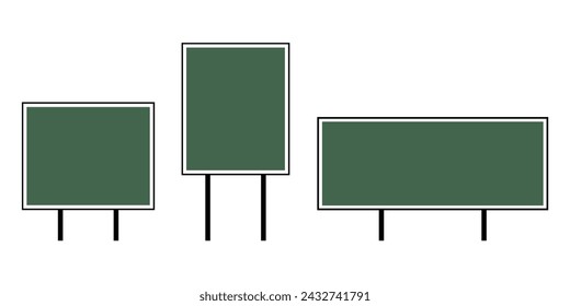 Set collection green blank empty street traffic and road pole signs different shapes isolated white background, highway symbole route signposts road for web mobile illustration.