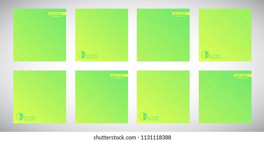 Set, collection of green flat square gradient backgrounds with geometric ornamental patterns. Concentric circles, dynamic diagonal stripes, wavy bars or waves, grating, mesh, plaid, chequered texture.