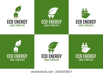 Conjunto de colección de hoja verde y enchufe eléctrico logo diseño Plantilla Vector ilustración