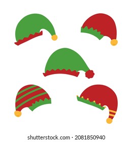 Set, collection of green and red christmas elf hats for christmas, winter holidays party design.
