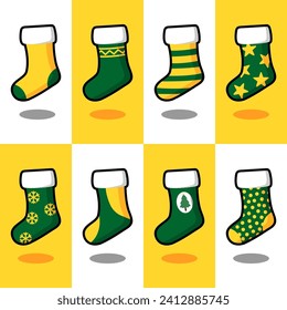 Set, collection of green and yellow decorated christmas socks, christmas stocking, sock-shaped bags for winter holidays design.