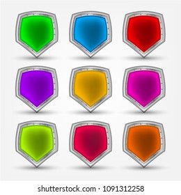 Set, collection, group of 3d security colorful shields, isolated on bright background