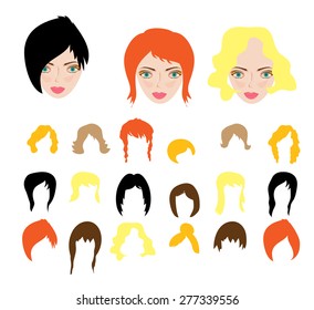 Set, collection, group of black, blond, brown, red, isolated wigs, different hairstyles, heads of beautiful women