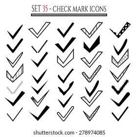 Set, collection, group of black, isolated, good, ok marks, icons, signs with pattern, design for website, flat style, white background