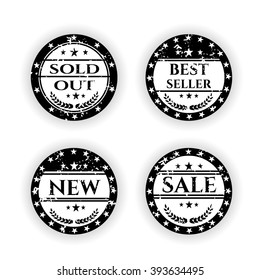 Set, collection, group of black labels with text Sold Out, Sale, Best Seller, New, with stars and twigs with leaves, isolated on white background