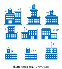 Set, collection, group of blue, isolated, modern, simple icons - school buildings, hotels, villas etc.