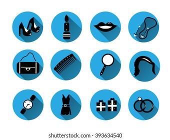 Set, collection, group of blue labels with simple, fashion, black icons with long shadow, isolated on white background